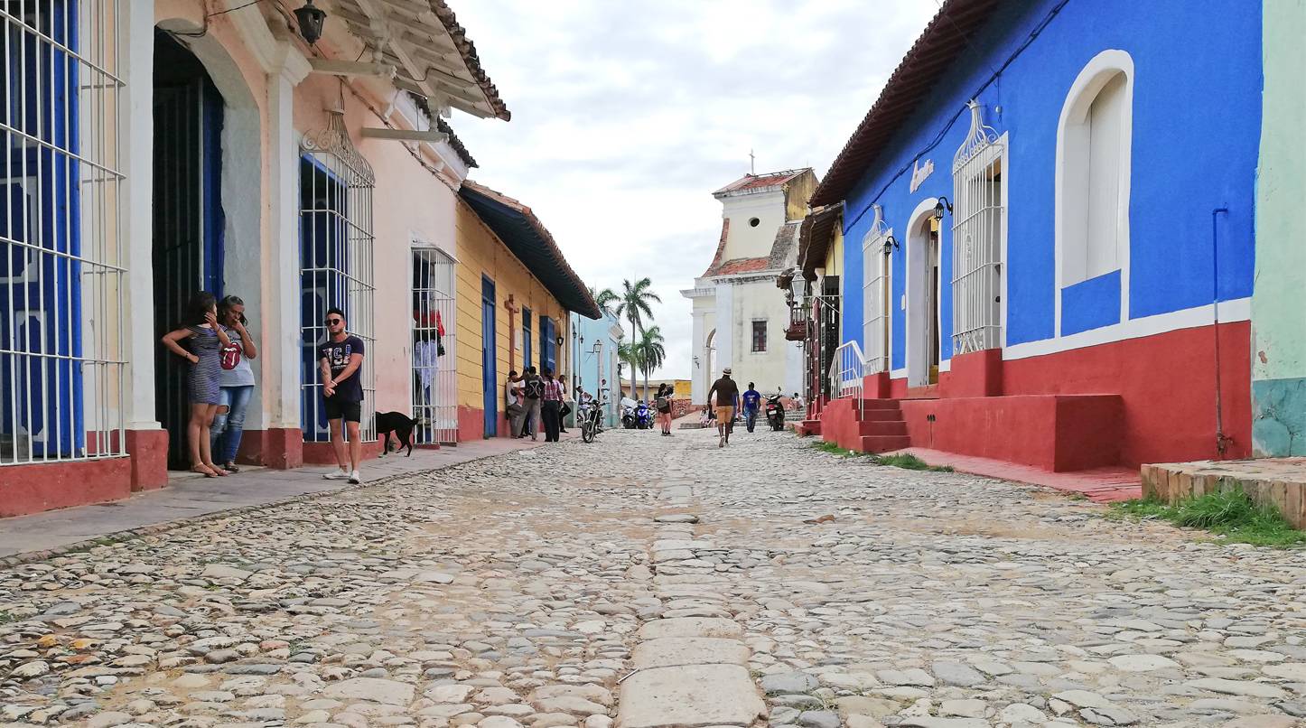 Calle Cristo in Trinidad, Cuba heading past the Casa de la Trova and towards the Plaza Mayor